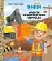 Aufschrift: "Blippi: Mighty Construction Vehicles." Illustration eines Bauarbeiters mit Schutzhelm und Bagger auf Baustelle., Buch
