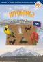 Titel: "Where Is Wyoming?" Illustration mit Wyoming-Flagge, Vogel, Geysir, Reiter, Bison, roter Blume und Capitol-Gebäude.