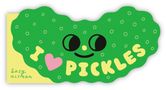 Text: "I ❤️ PICKLES." Illustration einer lächelnden, cartoonartigen Gurke., Buch