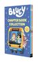 Text: "BLUEY CHAPTER BOOK COLLECTION, 3 HILARIOUS STORIES INSIDE." Illustration von Cartoon-Tieren in einem Bus.