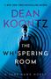 Text: "DEAN KOONTZ, THE WHISPERING ROOM, A JANE HAWK NOVEL." Eine Frau steht vor konzentrischen Kreisen, in Blau beleuchtet., Buch