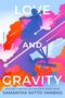 "LOVE AND GRAVITY." Illustration mit buntem Himmel, Silhouette eines Cellisten oben und eines Astronomen unten., Buch