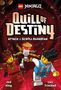 Text: „Quill of Destiny“, „Attack of the Scroll Guardian“, „Jed King“, „Leo Trinidad“. Zwei LEGO Figuren laufen., Buch