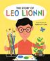 "The Story of Leo Lionni. Words and pictures by Maya P. Lim." Ein Junge mit Brille, Pinsel und Pflanzen in Gläsern, blauer Schmetterling.