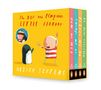 "The Boy and Penguin Little Library" von Oliver Jeffers; vier bunte Buchrücken. Illustration: Junge und Pinguin vor gelbem Hintergrund.