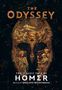 Text: "The Odyssey", "The Classic Tale by Homer", "Retold by Geraldine McCaughrean". Illustration eines Helms mit mythischen Szenen., Buch