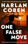 HARLAN COBEN, ONE FALSE MOVE. Ein Mann im Anzug steht vor einem Basketballkorb im Sonnenuntergang., Buch