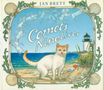 „Comet's Nine Lives“ oben, illustrativer Rahmen mit Katzen und Muscheln, darunter ein Leuchtturm und eine Katze am Strand., Buch