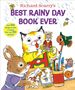 Text: "Richard Scarry's BEST RAINY DAY BOOK EVER". Ein Hase schneidet Bilder, umgeben von Tieren und Bastelmaterial., Buch