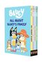 BLUMEY, All About Bluey’s Family. Illustration: Vier bunte Hunde mit unterschiedlichen Größen und Accessoires.