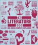 "THE LITERATURE BOOK" in großen Buchstaben, darum Zitate und Illustrationen wie ein Baum und eine Weltkugel in Rot auf Blau.