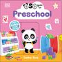 "OSO goes to Preschool" zeigt einen fröhlichen Panda mit Rucksack im bunten Klassenzimmer voller Spielsachen., Buch