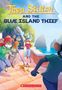 "Thea Stilton and the Blue Island Thief." Illustration von Mäusen in Sommerkleidung, die einem Hund am Meer spazieren gehen.