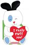 Ein niedlicher Hase hält ein rotes Herz mit dem Text „I really ruff you!“ und hat blaue Augenflecken.
