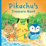 "Pikachu's Treasure Hunt" steht groß auf buntem Buchcover mit Pikachu, Evoli, Piplup und anderen Pokémon am Strand., Buch