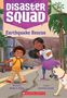 Texte: "Disaster Squad", "Earthquake Rescue". Illustration zweier Kinder und Hund auf einer Straße mit palmenbewachsener Umgebung.