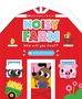 "Noisy Farm: Who will you meet? With noisy sliders." Ein rotes Scheunenmotiv mit zeichnerischen Tieren: Küken, Schaf, Hund, Huhn, Schwein.