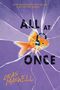 "ALL AT ONCE" in großen Buchstaben. Ein Goldfisch mit Kopfhörern im zersplitterten lila Hintergrund., Buch