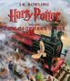 "J.K. Rowling. Harry Potter and the Philosopher's Stone. Illustrated by Jim Kay." Eine rote Dampflok mit Eule und Figuren., Buch