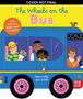 Oben in Großbuchstaben: "THE WHEELS ON THE BUS". Unten Illustrationen von Menschen in einem blauen Bus., Buch