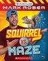 "Squirrel vs. Maze" und menschliche Figur mit Eichhörnchen auf der Hand, im Hintergrund technische Zeichnungen.