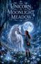 "The Unicorn of Moonlight Meadow" in großer Schrift. Eine magische Szene mit einem Einhorn, einem Mädchen, Mond und Blumen., Buch