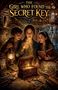 Text: "The Girl Who Found the Secret Key". Drei Kinder in einer alten Bibliothek, eines hält einen goldenen Schlüssel. Mystische Atmosphäre., Buch