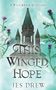 „A Wild Swans Retelling“, „This Winged Hope“, „Jes Drew“. Türme, Disteln, Schwäne, weiße Federn auf türkisfarbenem Hintergrund., Buch