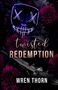 Text: "Twisted Redemption" und "Wren Thorn." Ein leuchtendes, unheimliches Gesicht in violett. Blumen und ein blutiger Dolch., Buch