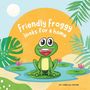 "Friendly Froggy looks for a home" steht über einem lächelnden Frosch auf einem Seerosenblatt, umgeben von Pflanzen., Buch