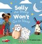 Text: "Sally the Sheep Won't Go to Sleep". Kind mit Strohhut, Schaf, Windmühle. Szene auf Bauernhof., Buch