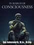 „IN SEARCH OF CONSCIOUSNESS“ und „Don Hainesworth, M.Sc., M.Eng.“; Nachbildung des Denkers, umgeben von Ruinen und Sternenhimmel., Buch