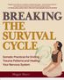 „BREAKING THE SURVIVAL CYCLE“ in großen Buchstaben, darunter somatische Praktiken zur Heilung; Illustration einer meditierenden Frau.