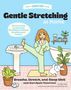 „Gentle Stretching at Home“: Frau dehnt Bein am Waschbecken, putzt Zähne, trägt Pyjama, Pflanze und Hase daneben., Buch
