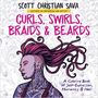 Text: "Curls, Swirls, Braids & Beards" und "A Coloring Book of Self-Expression, Humanity & Hair". Eine Illustration mit buntem Haarprofil., Buch