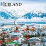 2027 Iceland Kalender. Schneebedeckte Berge, Küstenstadt mit bunten Häusern und Kirche im Vordergrund.