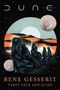 "Dune: Bene Gesserit Tarot Deck and Guide." Illustration: Figuren in schwarzen Roben, Wüste, Monde im Hintergrund., Buch