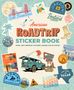 "American Roadtrip Sticker Book" zeigt Stickermotive aus den USA: Auto, Brücke, Palmen, Surfbrett, Cowboy-Stiefel und Wüstenlandschaft.