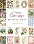 Text: "Vintage Cottage 36-Print Collage Kit". Bunte Illustrationen von Blumen, Tieren und Teetassen umgeben den Text.