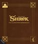 Text: "DreamWorks Shrek The Illustrated Novelization." Stil eines Buchcovers mit goldenen Verzierungen und Symbolen.