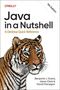 Text: "Java in a Nutshell: A Desktop Quick Reference, 9th Edition". Illustration eines Tigers. Autoren: Benjamin J. Evans, Jason Clark, David Flanagan.