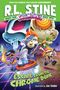 "R.L. Stine. Escape from the Chrome Dome." Bunte Comic-Figuren rennen auf einem Sci-Fi-Hintergrund mit Totenkopf.