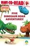 Text: "READY TO READ", "THE WORLD OF DINOSAUR ROAR!", "FIVE DINOSAUR ROAR ADVENTURES!" Bunte Dinosaurier und Palmen.