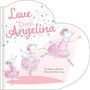 "Love from Angelina" in rosa Schrift, umgeben von Sternen. Drei Mäuse in rosa Ballettkleidern tanzen fröhlich.