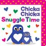 „Chicka Chicka Snuggle Time“ in bunten Buchstaben. Zwei blaue Pinguine mit Herzmotiv umgeben von bunten Herzen., Buch