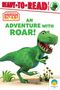Text: "Ready to Read", "The World of Dinosaur Roar!", "An Adventure with Roar!" Ein grüner Dinosaurier steht auf Sand.