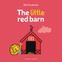 Buchtitel: "The little red barn". Illustration: Rote Scheune, gelber Heuballen, Schaufel, Vogel, rosa Wolke., Buch