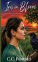 Titel: "Iris in Bloom", "The Petals of Midway Book 1". Frau im Profil mit Rabe vor Sonnenuntergang und Orangenbaum., Buch