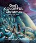 "God's COLORFUL Christmas: Jesus Was Born to Save." Illustration von Hügeln, Schafen und drei Hirten unter einem lila Sternenhimmel.