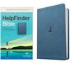 "HelpFinder Bible: God's Answers to Life's Questions." Links: Illustration, Leuchtturm vor blauem Himmel; rechts: blaues Buch., Buch